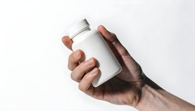 Hand holding a white plastic supplement bottle with a screw on cap isolated on white background