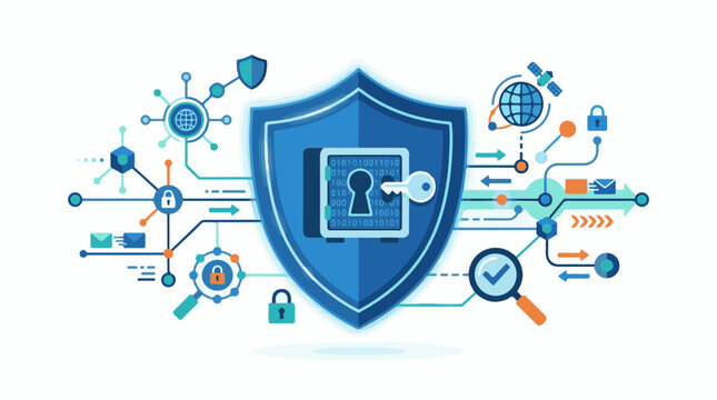 A blue shield with a keyhole and lock surrounded by various icons
