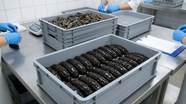 Sorted Trepang Trays In Clean Seafood Distribution Workstation