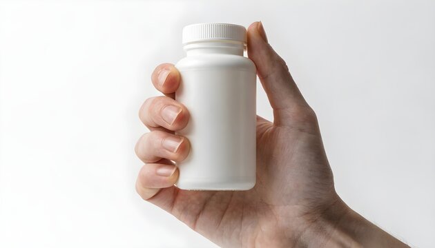 A hand holding a white plastic pill bottle with a screw on cap isolated on white background