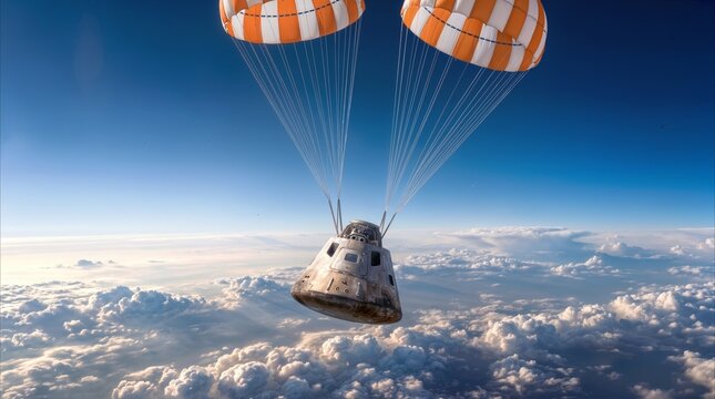 Spacecraft capsule descending with orange and white parachutes over thick cloud layer. Re-entry mission and aerospace technology concept.