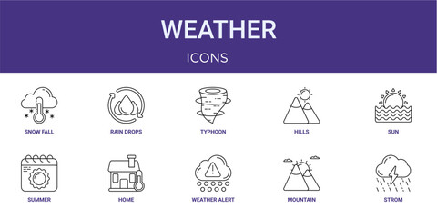 Fototapeta premium Set of 10 thin line Weather icons for dashboards, websites and mobile app layouts. Editable outline vector pack featuring snow fall, typhoon, sun, home and strom.