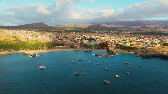 Aerial view of colorful beach on Tarrafal, Santiago, Cape Verde