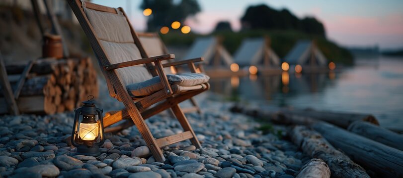 Twilight summer campsite with empty chairs, glowing lantern, and tents by calm water
