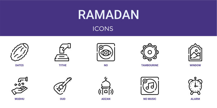 Set of 10 thin line Ramadan icons for dashboards, websites and mobile app layouts. Editable outline vector pack featuring dates, no illegitimate, window, oud and alarm.