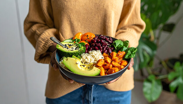 Person holding a colorful buddha bowl with avocado, sweet potato, beans, and greens, promoting healthy eating and vegetarian lifestyle