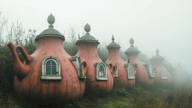 Foggy teapot shaped houses in a row