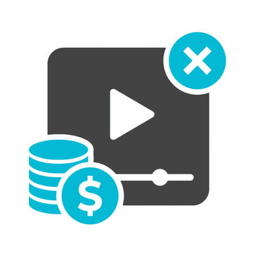 Demonetized video concept icon, demonetization of media content, video player with money and cross sign