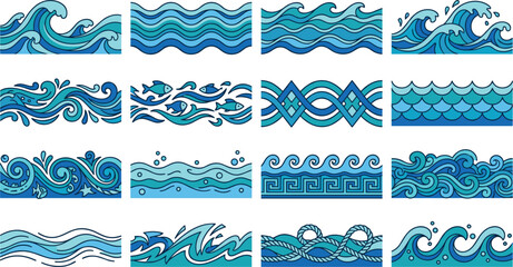 Blue Sea Water Waves Seamless Border Pattern Icon Set with Decorative Greek Key Fish Rope and Splash Swirl Elements for Marine Graphic Designs © Himu 