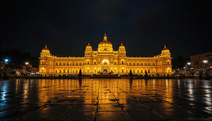 Obraz premium Nighttime view of a beautifully lit historic building reflecting on the wet pavement in a lively urban setting