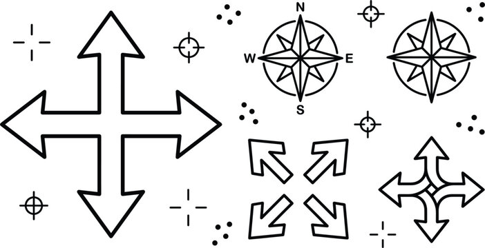 Compass Rose Icon Set with Directional Arrows for Navigation and Travel Designs,