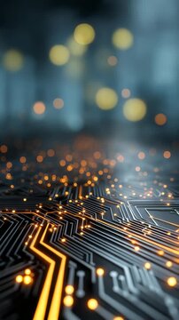 Futuristic circuit board with glowing orange connections symbolizes advanced technology and digital innovation. Modern microchip surface highlights progress in electronics and artificial intelligence