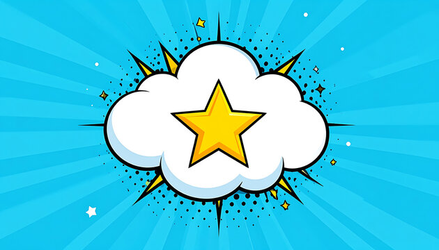 Pixel art golden star inside a comic book style cloud burst on a vibrant blue radial background
