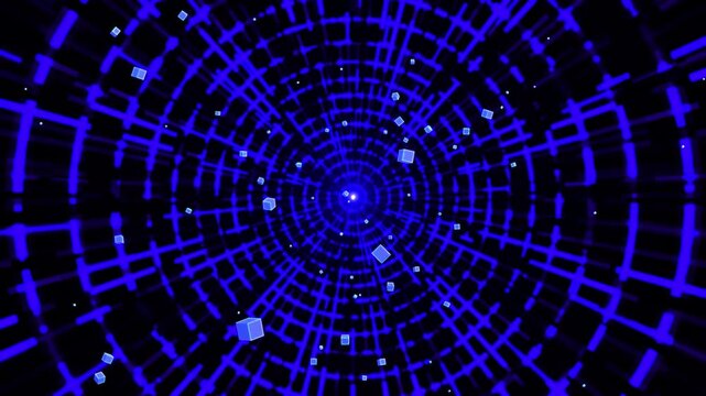 Blue Futuristic Cyber Tunnel Warp. High-Speed Digital Network Vortex with Light Burst, Technology Background, hit impact effect, slash, flash transition,Digital Tech Rings, dust and particle explosion