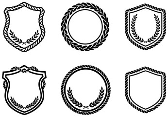 Fototapeta premium Shield emblem frames with rope and laurel wreaths isolated vector illustration.
