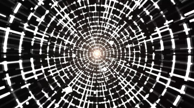 white Futuristic Network Tunnel with Light Burst, Abstract Cyberspace Loop Animation, Technology Background, hit impact effect, slash, flash transition,Digital Tech Rings, dust and particle explosion