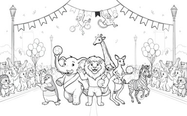 Fototapeta premium Animals parade with soccer balls in city street celebrating victory with balloons and flags for coloring page for children.
