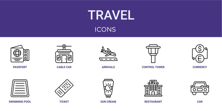 Set of 10 thin line Travel icons for dashboards, websites and mobile app layouts. Editable outline vector pack featuring passport, arrivals, currency exchange, ticket and car.