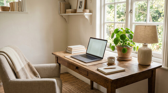 Cozy home office with laptop by window
