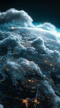 A breathtaking view of Earth from space, illuminated by glowing city lights and digital network connections. Dense clouds float above continents, symbolizing global connectivity and technology