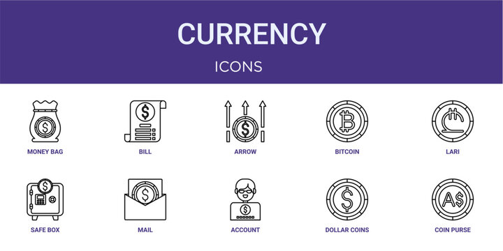 Set of 10 thin line Currency icons for dashboards, websites and mobile app layouts. Editable outline vector pack featuring money bag, arrow, lari, mail and coin purse.