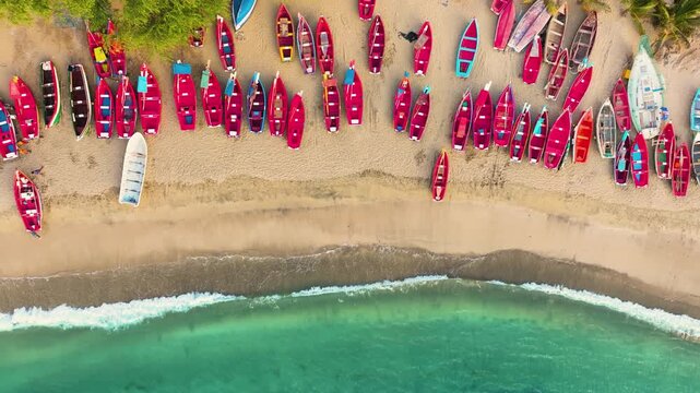Aerial view of colorful fishing boats on Tarrafal beach, Santiago, Cape Verde
