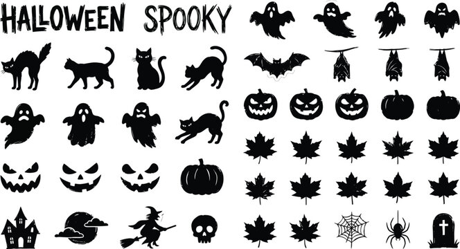 Helloween spooky collection ghosts cats pumpkins bats halloween elements vector graphics