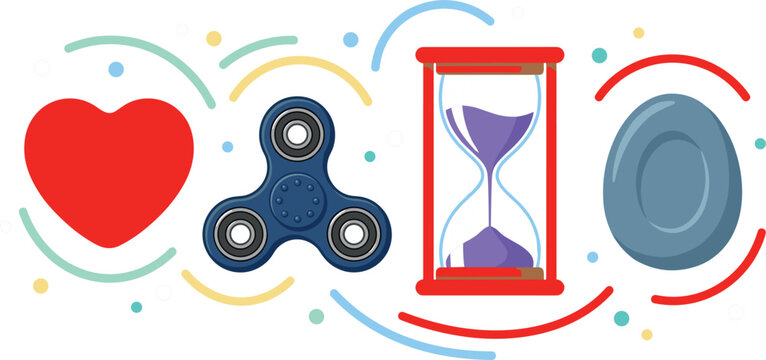 Stress Relief and Mental Wellness Therapy Tools Vector Illustration Featuring Red Heart Fidget Spinner Hourglass Sand Timer and Worry Stone