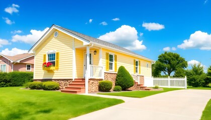 Fototapeta premium Beautiful small yellow house with green lawn under blue sky