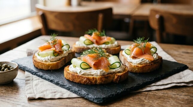 Delicious gourmet bruschetta topped with fresh ingredients and served on a rustic slate board, perfect for restaurant menus, catering, and culinary marketing.