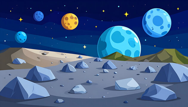 Pixel art alien landscape with rocky terrain, multiple moons and planets in a starry night sky, retro sci-fi scene