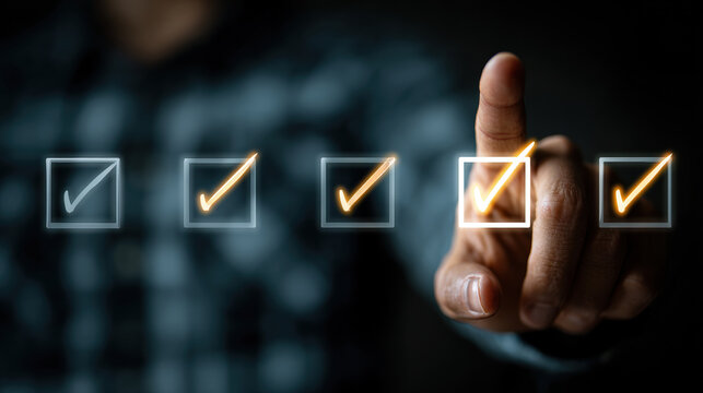 Business person finger pressing glowing golden checkbox in row of digital interface elements dark background
