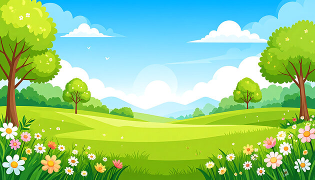 Pixel art landscape of a vibrant spring meadow with rolling green hills, colorful wildflowers, and fluffy clouds under a clear blue sky, charming idyllic scene