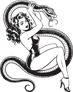 A pin-up style illustration of a woman in a provocative pose, wrestling a snake around her body.