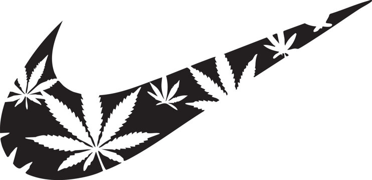 A black Nike swoosh logo with cannabis leaves on a white piece of paper