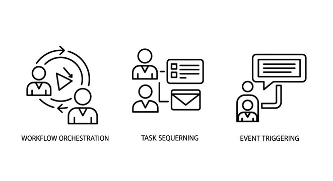 Business workflow optimization and data processing icons set with workflow optimization business processing communication management strategy productivity corporate teamwork organization