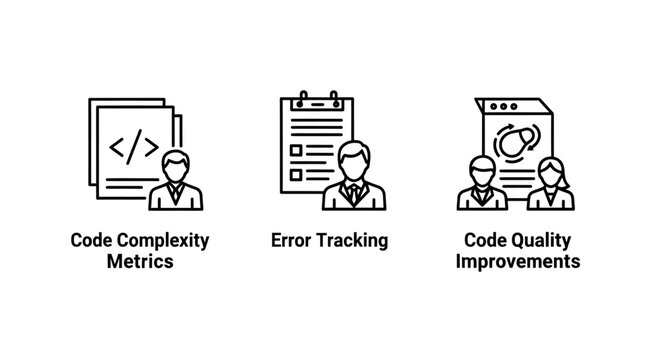 Software development code quality and error tracking icons with software development tracking programming debugging improvement technology analysis technical engineering computer management