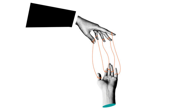 Surreal collage art of one hand controlling another hand with orange strings like a puppet, showing a concept of human hand losing freedom and being controlled by vintage puppet strings.