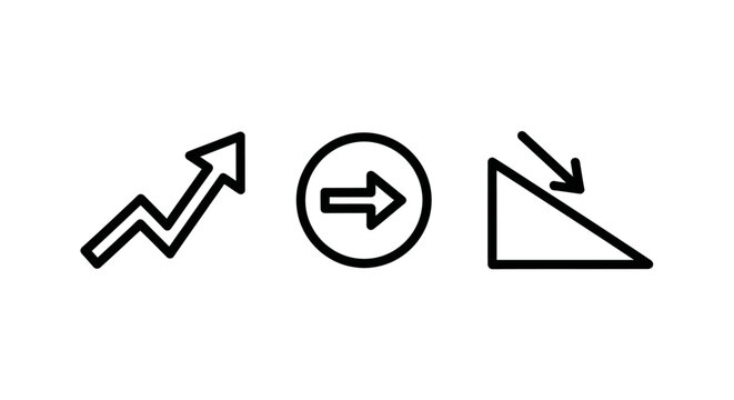 Set of trend and direction indicators showing upward growth and downward decline with direction increase decrease business statistics analysis performance movement presentation marketing