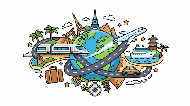 A colorful cartoon illustration of a globe surrounded by various travel-related icons