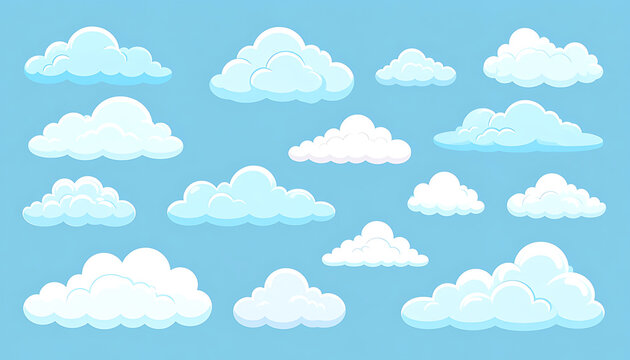 Pixel art clouds set, collection of fluffy white cumulus clouds in various shapes and sizes on a blue sky background
