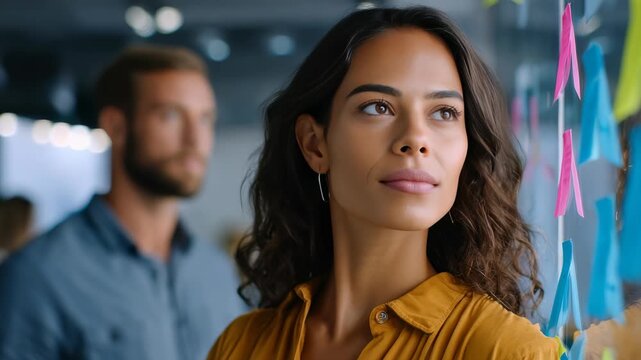Confident businesswoman in modern office stands near glass wall with colorful sticky notes, planning strategy. Focused female leader inspires teamwork and innovation in creative workspace