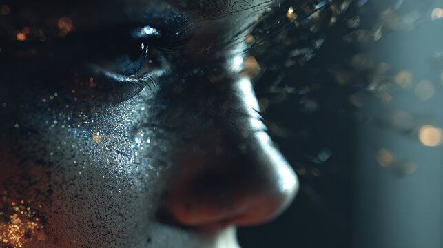 Close-up human face profile dissolving into golden and silver glowing particles on dark blue background
