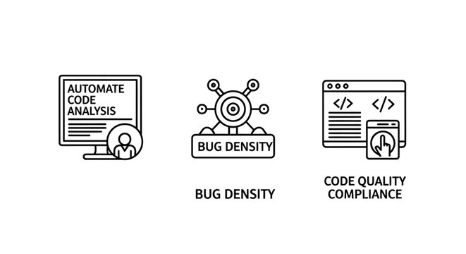 Automated code analysis bug density code quality compliance icons with automated analysis compliance software development programming debugging verification reporting dashboard management