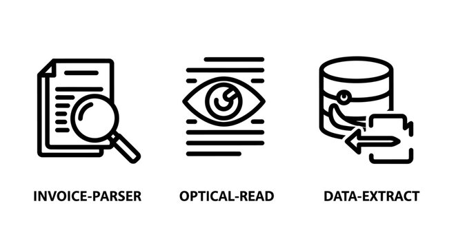 Set of document processing and data extraction icons with document scanning software analysis business technology information automation interface processing illustration monochrome