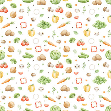 Seamless pattern set with variety of fresh ripe vegetables for cooking isolated on white background. Watercolor hand drawn illustration sketch