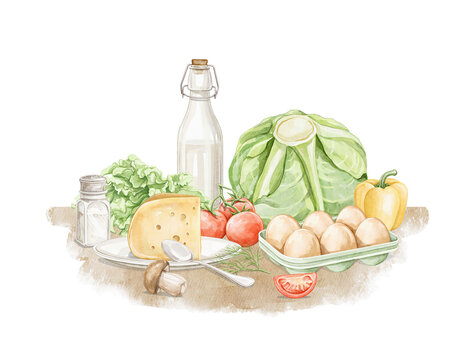 Composition with set of assorted fresh ripe vegetables on a cutting board isolated on white background. Watercolor hand drawn illustration sketch
