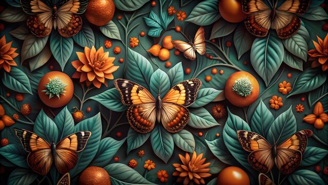 Intricate butterfly and floral nature pattern background with ornate botanical elements butterfly botanical background wildlife illustration tropical detailed environment beautiful creature