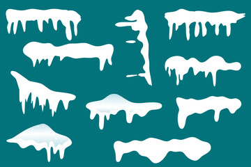 Winter Snow Caps and Melting Ice Drifts Border Silhouette Set on Teal Background © Umme