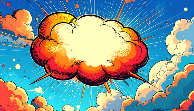 Pixel art comic book style explosion cloud in sky with orange clouds and sunburst, retro video game effect